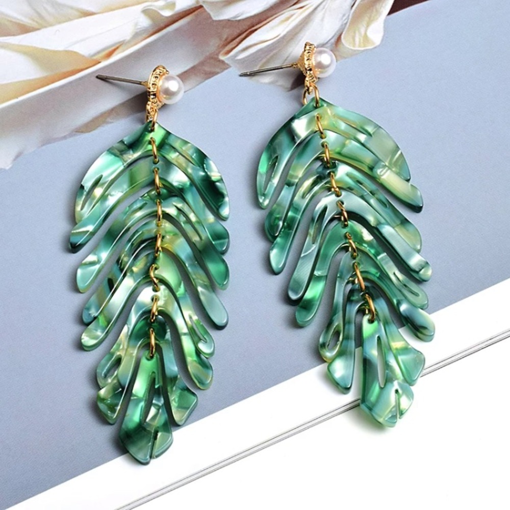 Beautiful Acrylic Green Leaf Earrings - Picture 3 of 4